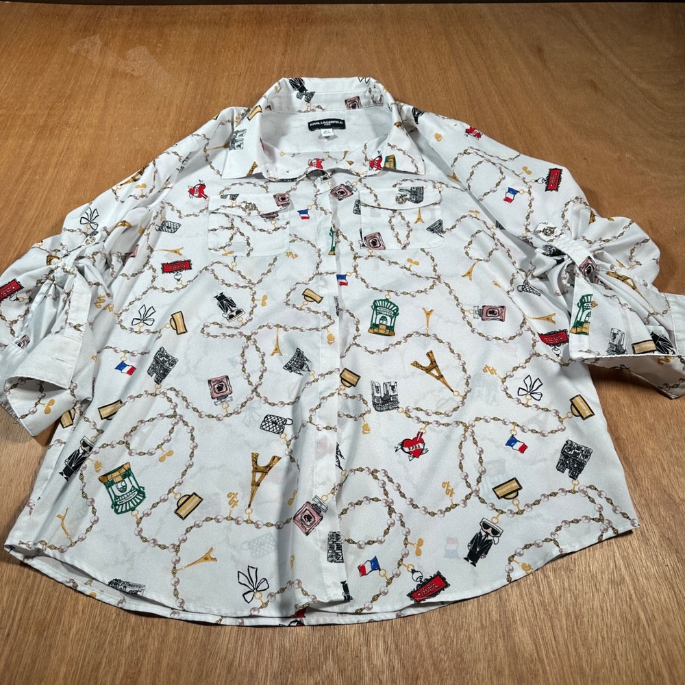 Karl Lagerfeld Paris Button Down Women XL White Paris Print Roll Tab Blouse